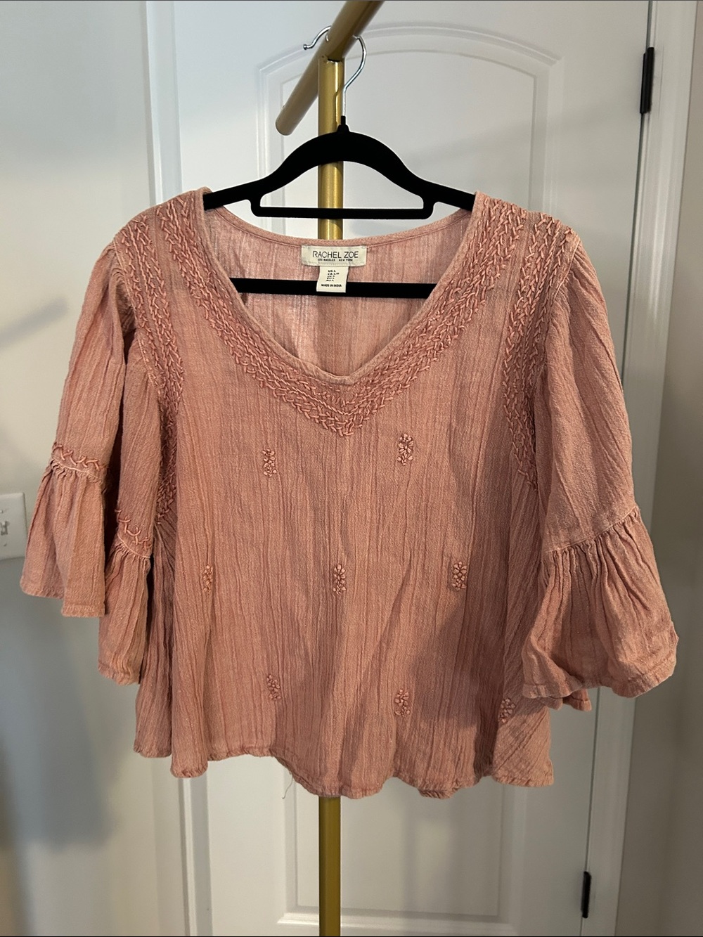 Rachel Zoe Blush Pink V-Neck Textured Peasant Blouse